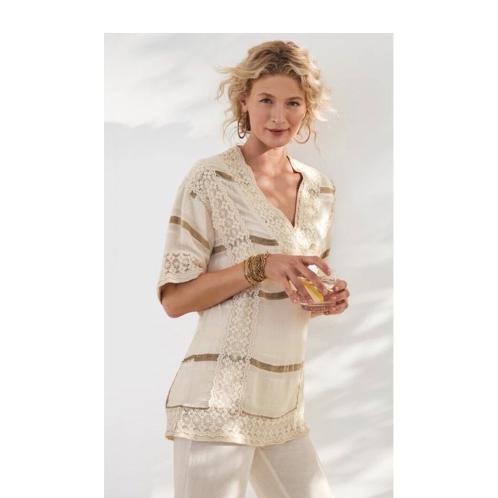 Soft Surroundings Saturday Stroll Oatmeal tan Striped Lace Trim Tunic Boho layer